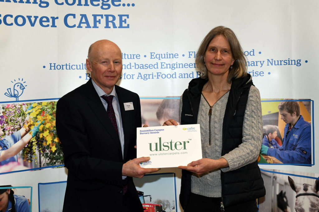 Dr Eric Long, Head of Education, CAFRE, presented the Ulster Carpets bursary on behalf of the company to Certificate in Higher Education Equine student Yvonne Zellman (Armagh).