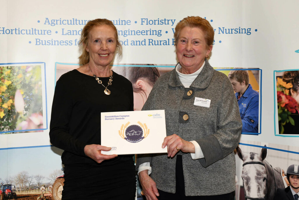 CAFRE Equine Certificate in Higher Education Equine student Diana Cody (Enniskillen), receives the Tyrone Farming Society bursary, presented by Anne McDermott.
