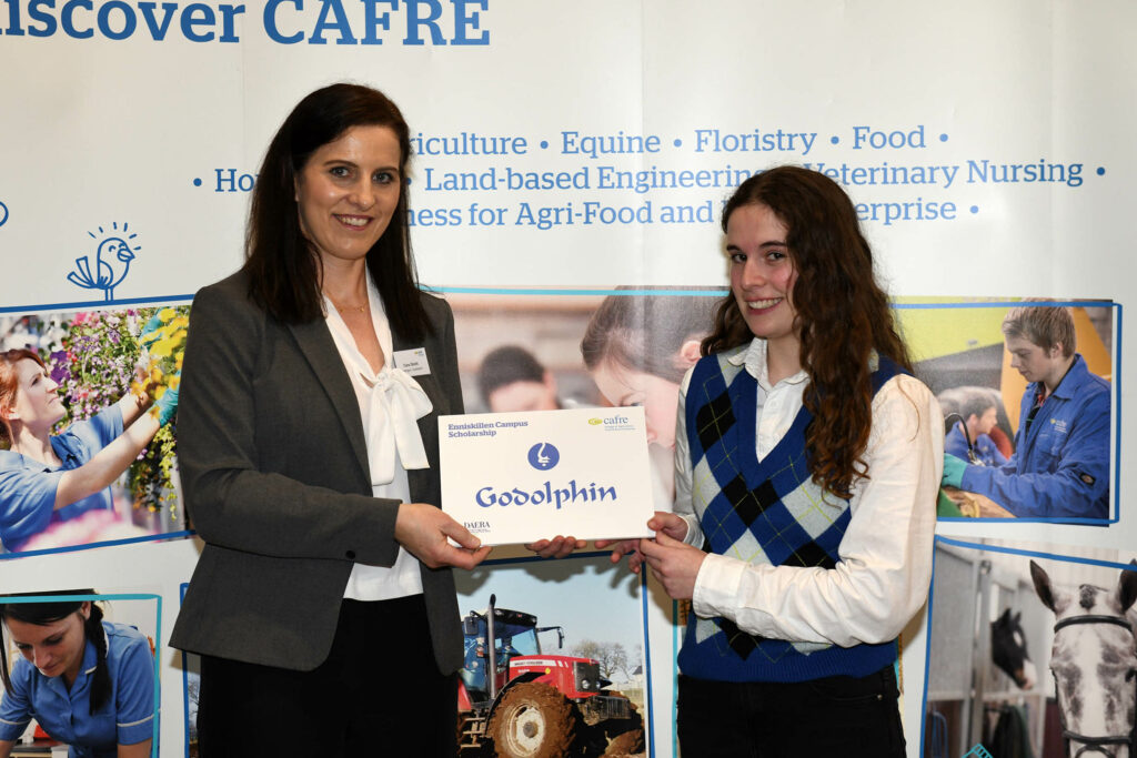 BSc (Hons) Degree in Equine Management second year student, Katie Behan (Headford) receives the Godolphin Scholarship, presented by Ciara Devitt at the Bursary and Scholarship event at Enniskillen Campus.