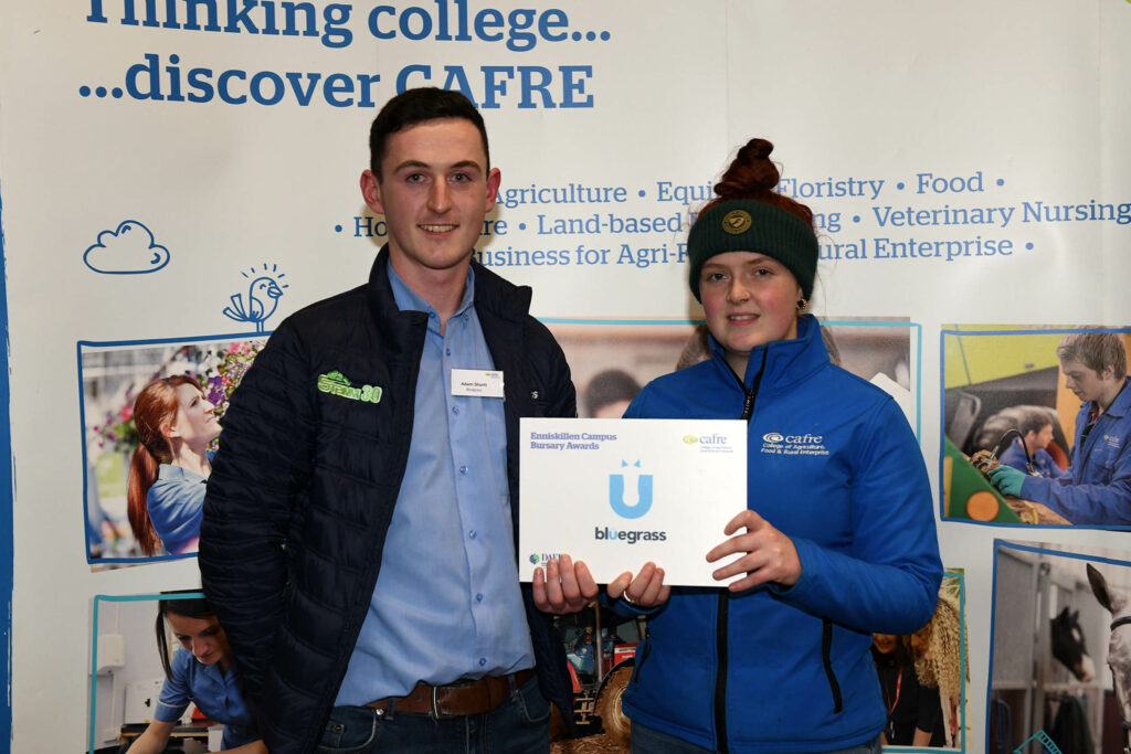 Adam Short, Bluegrass Horse Feeds returned to the campus to present Foundation Degree in Equine Management student Beth McCartney (Ballymena) with her bursary at the Enniskillen Campus event. Adam is a graduate of the BSc (Hons) Degree in Equine Management course at CAFRE.